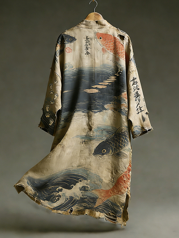 Japanese Carp And Marine Art Vintage Kimono