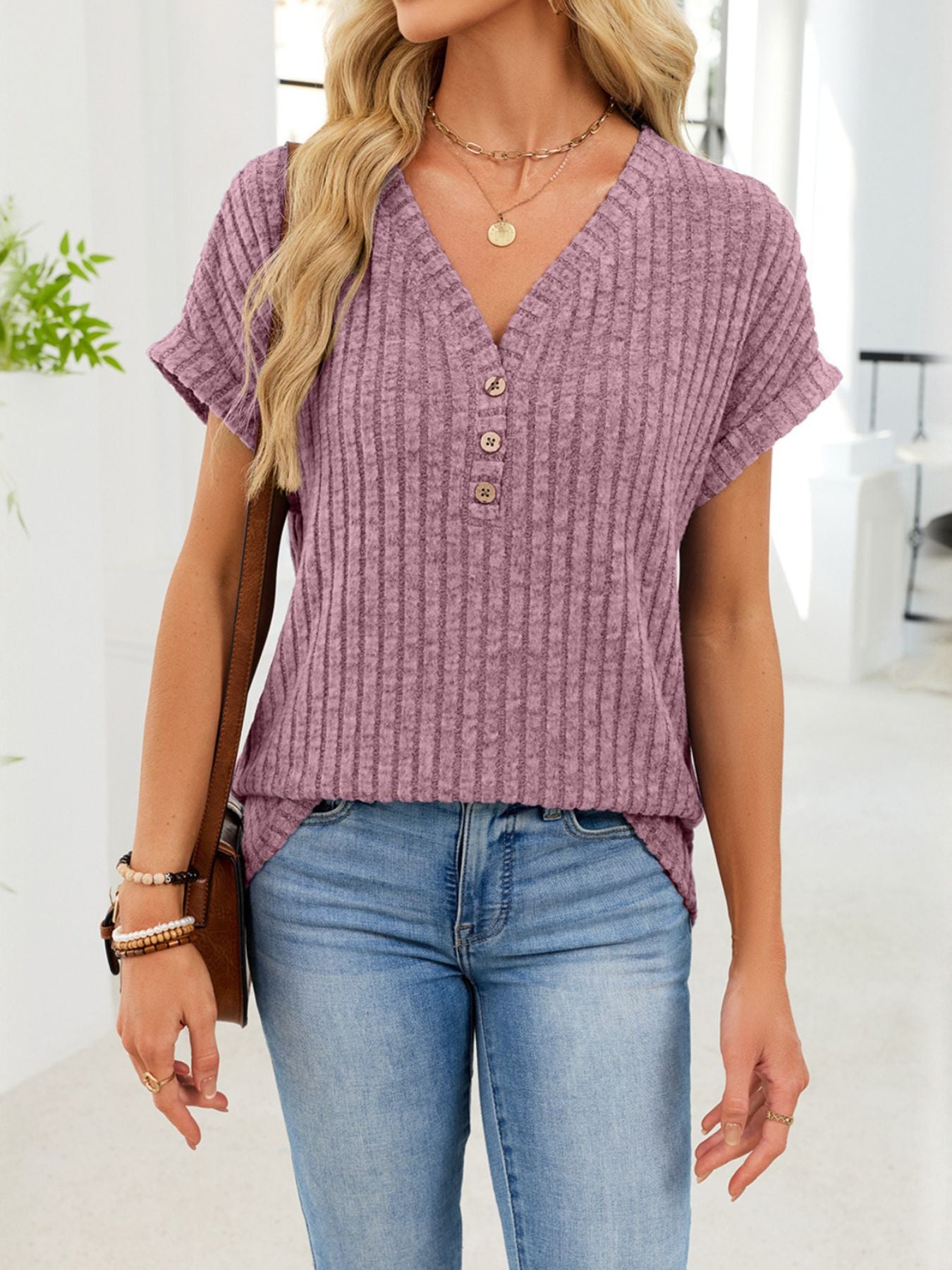 Ribbed Knit V-Neck T-Shirt