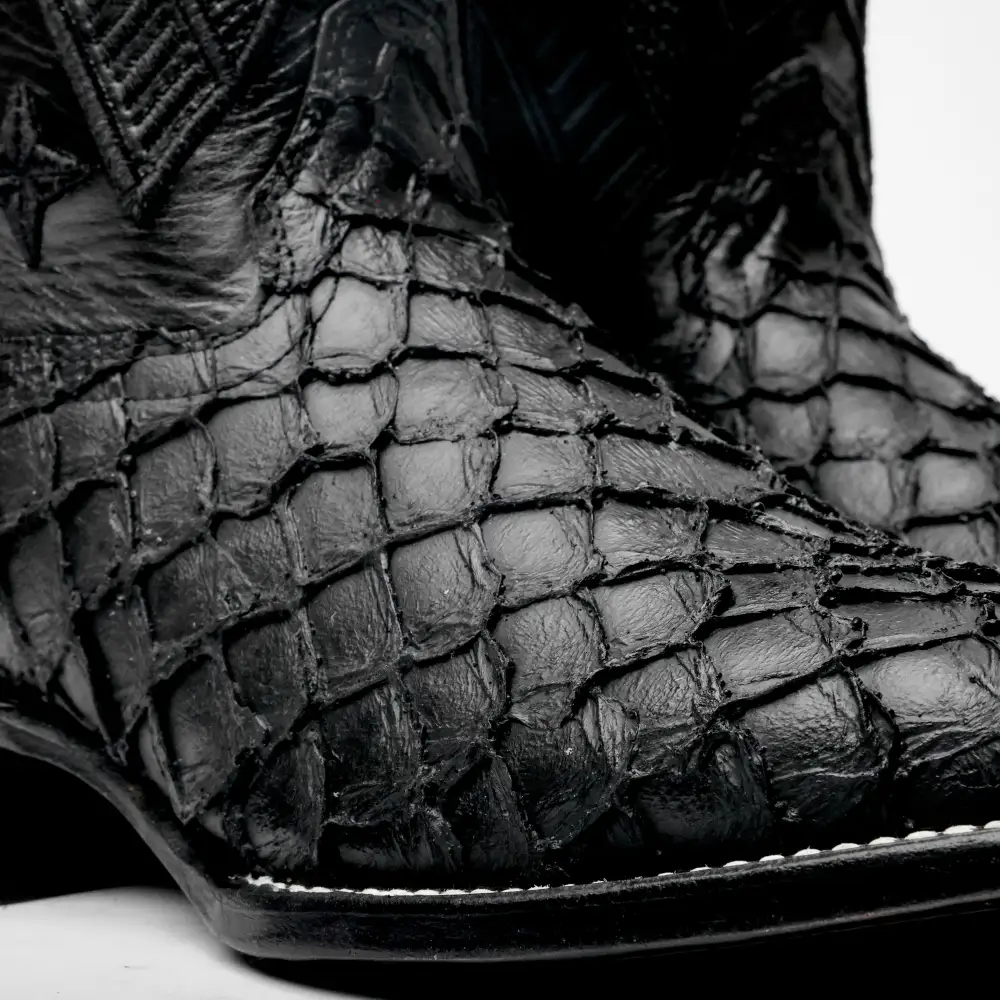 TOTAL BLACK Mini Pirarucu Leather Boots - Square Toe