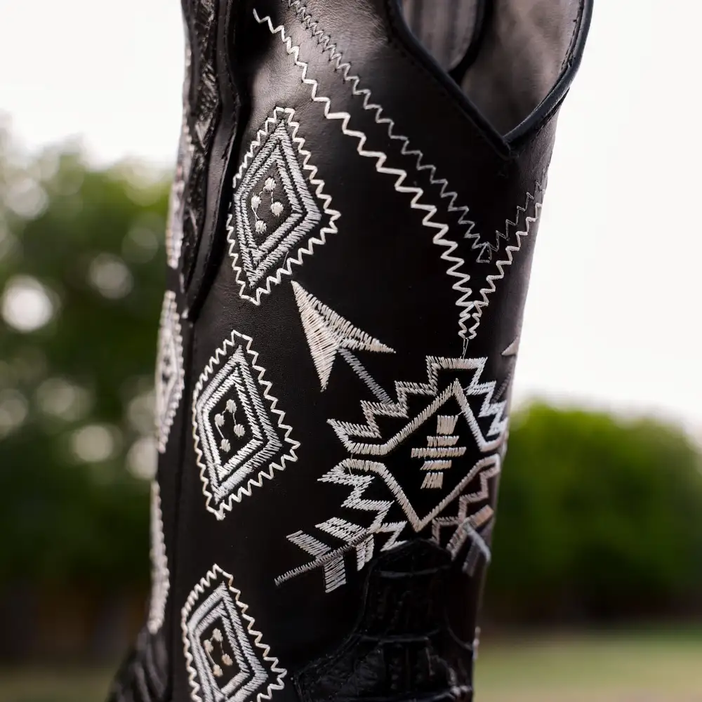 Black Caiman Neck Leather Boots - Square Toe