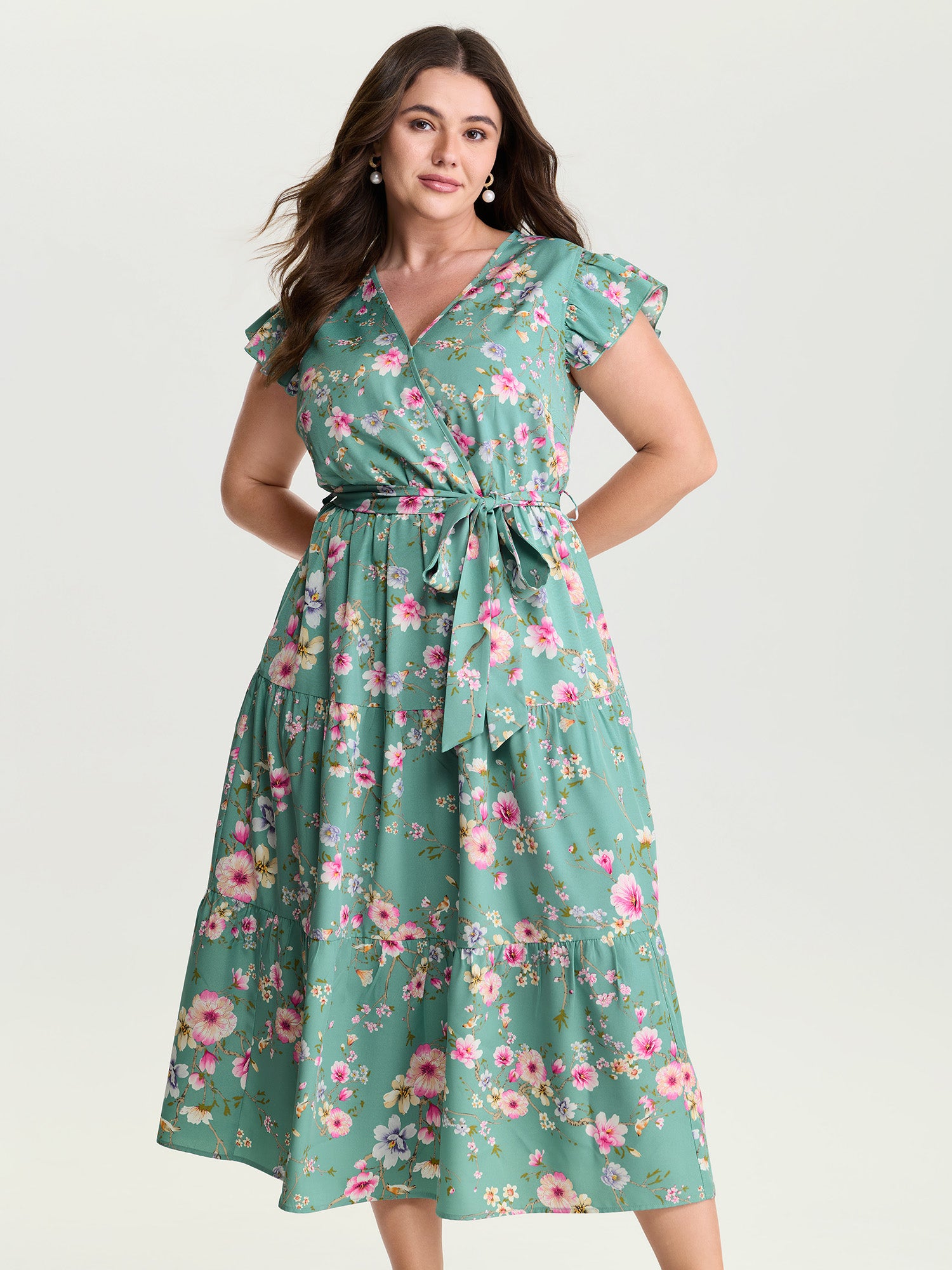 Playful Floral Print Flutter Sleeve Maxi Dress