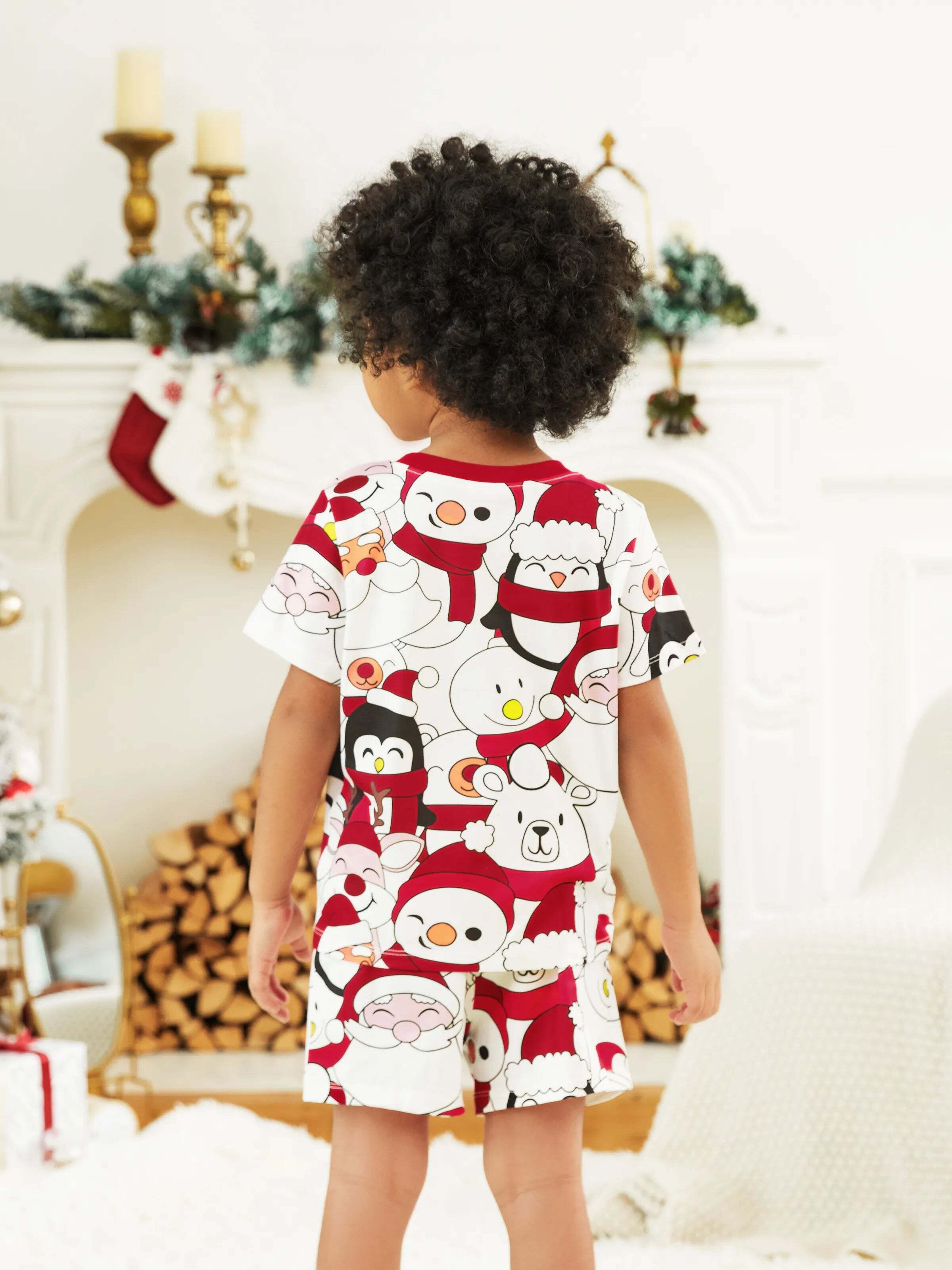 Christmas Santa and Snowman Print Family Matching Short-sleeve Tops and Shorts Pajamas Sets White