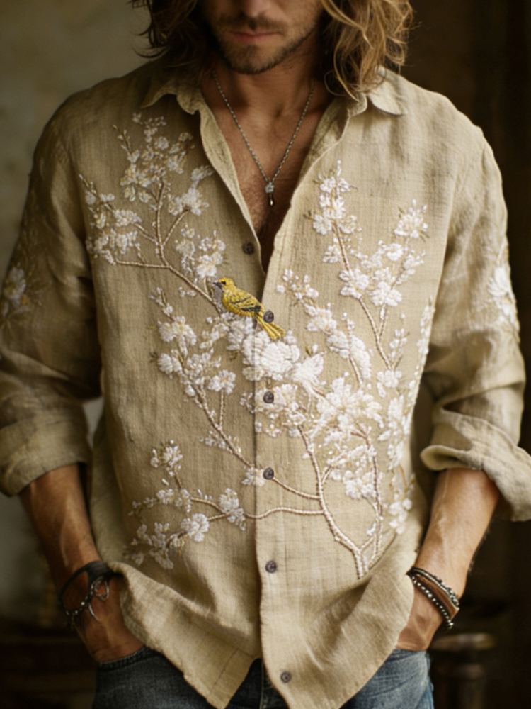 Men's Apricot Blossom With Bird Embroidery Painting Art Linen Shirt
