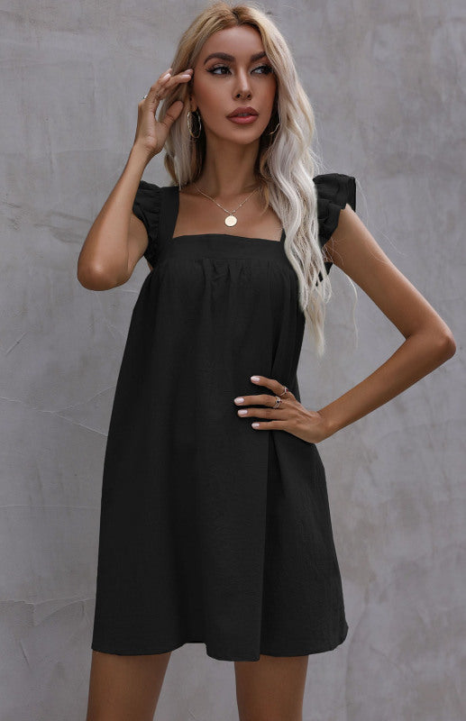 Ladies Loose Short Skirt Ruffle Vest Cotton Linen Dress