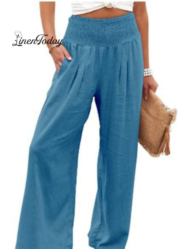 Women's Cotton and Linen Waist-waisted Wide-leg Pants