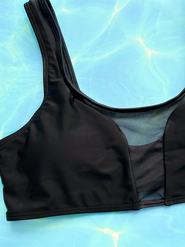 Padded Hollow Mesh Solid Color U-Neck Bikini Swimsuit