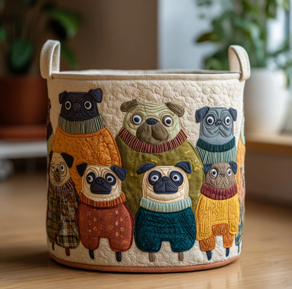 Cute Pug Friends Pattern Quilted Laundry Basket Eco-Friendly Machine Washable Storage Bin for Home Bedroom Bathroom Organization | Dog