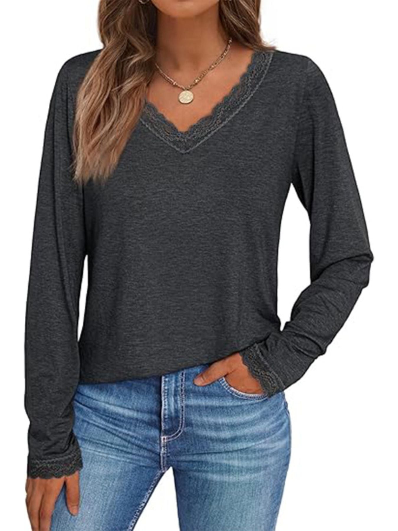 Lace Trim V-Neck Long Sleeve T-Shirt
