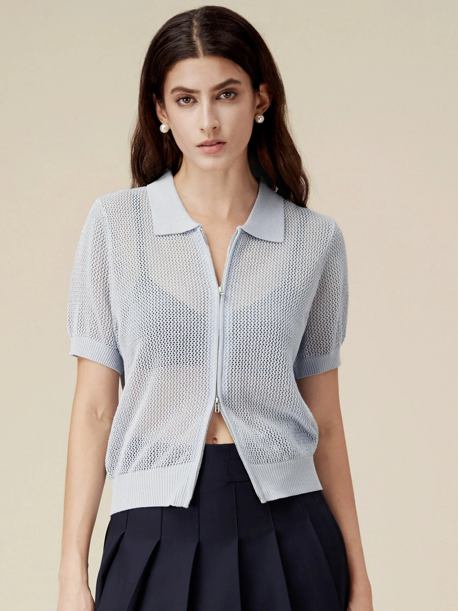 Linen & Lyocell V-Neck Short Sleeve Zipper Hollow Out Cardigan