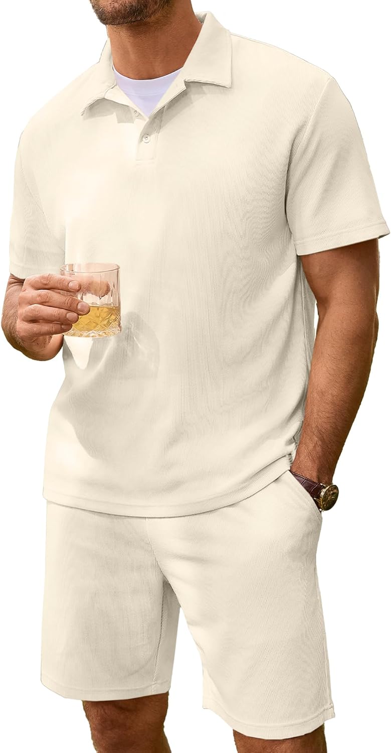Men's 2 Pieces Outfits Casual Knit Ribbed Textured Button Down Short Sleeve Polo Shirt and Shorts Set