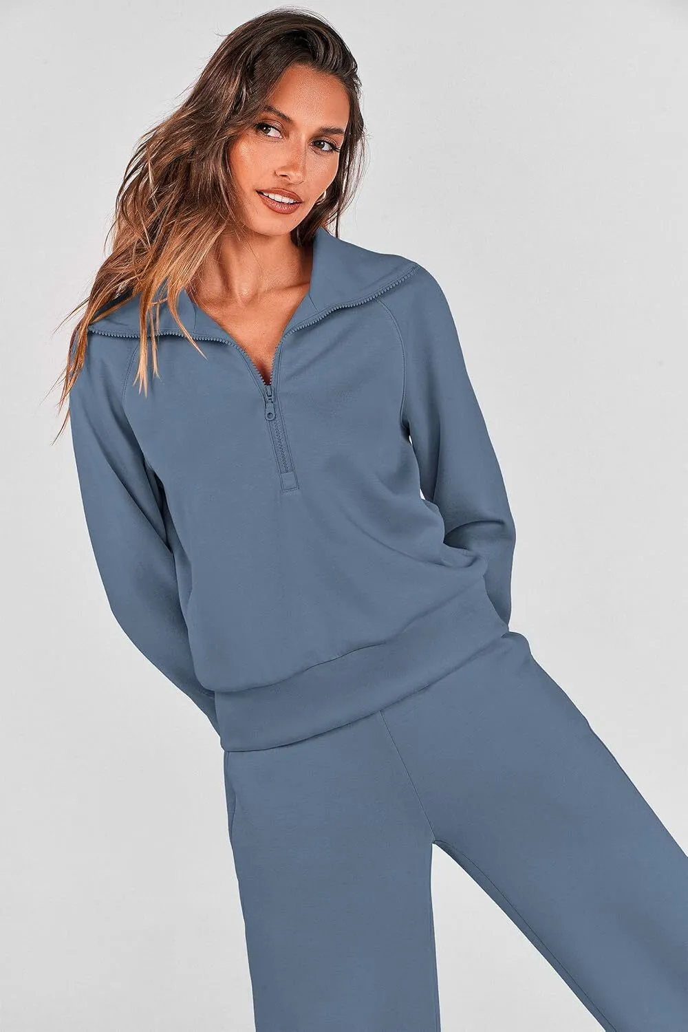 🔥Final Day Clearance!🛒Women's 2 Piece Outfits Casual Lapel Half Zip Sweatshirts And Wide Leg Pants Tracksuit Sets