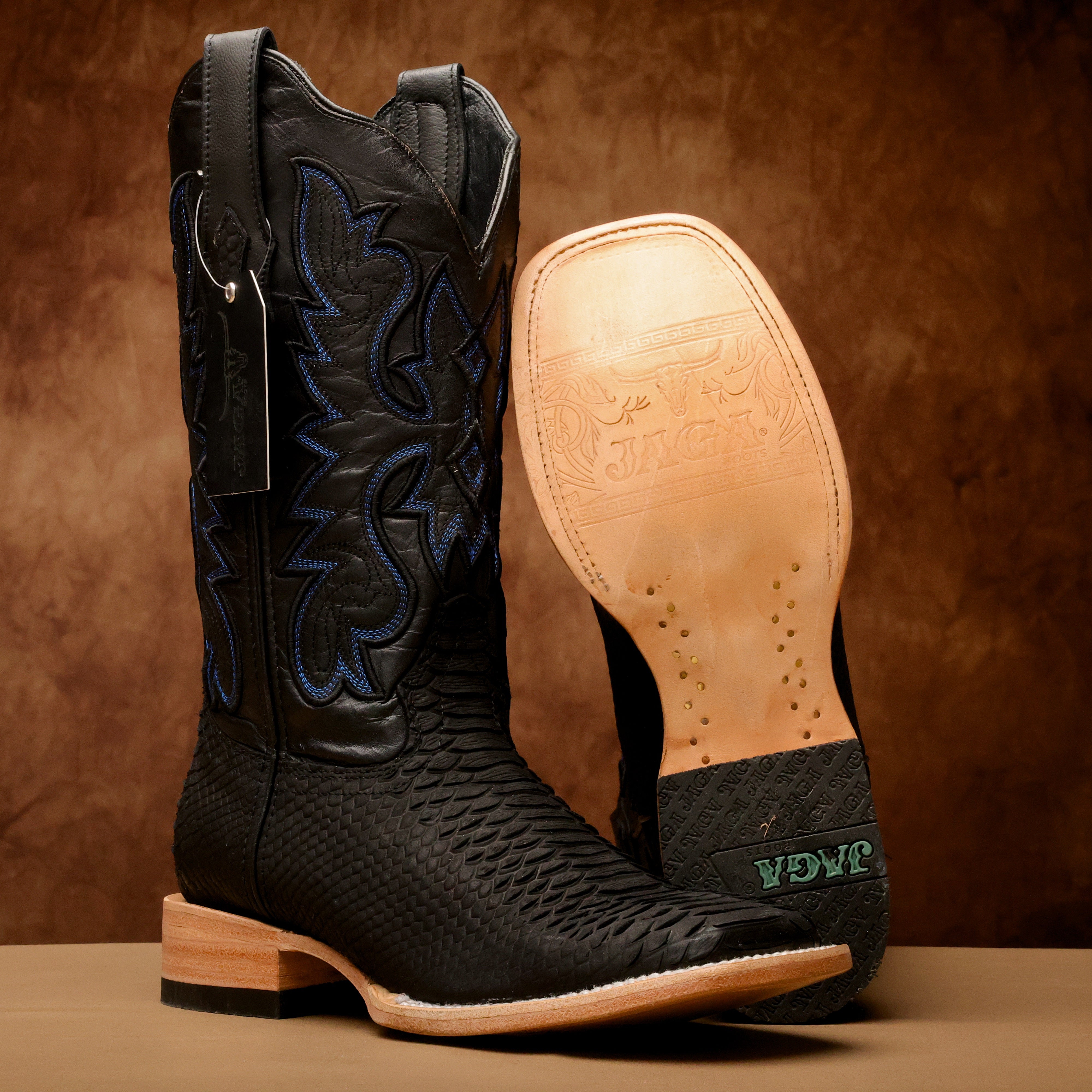 Matte Black Python Leather Boots - Square Toe