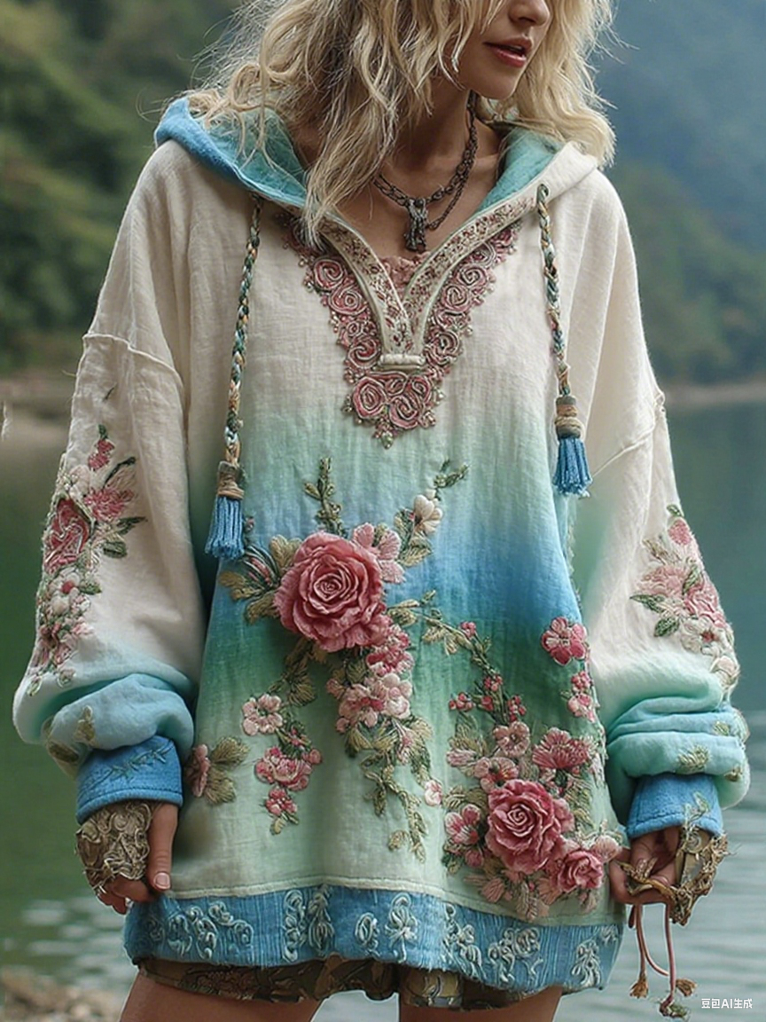 Love & Health Collection Vintage Rose And Floral Art Linen Long Sleeve Hoodie