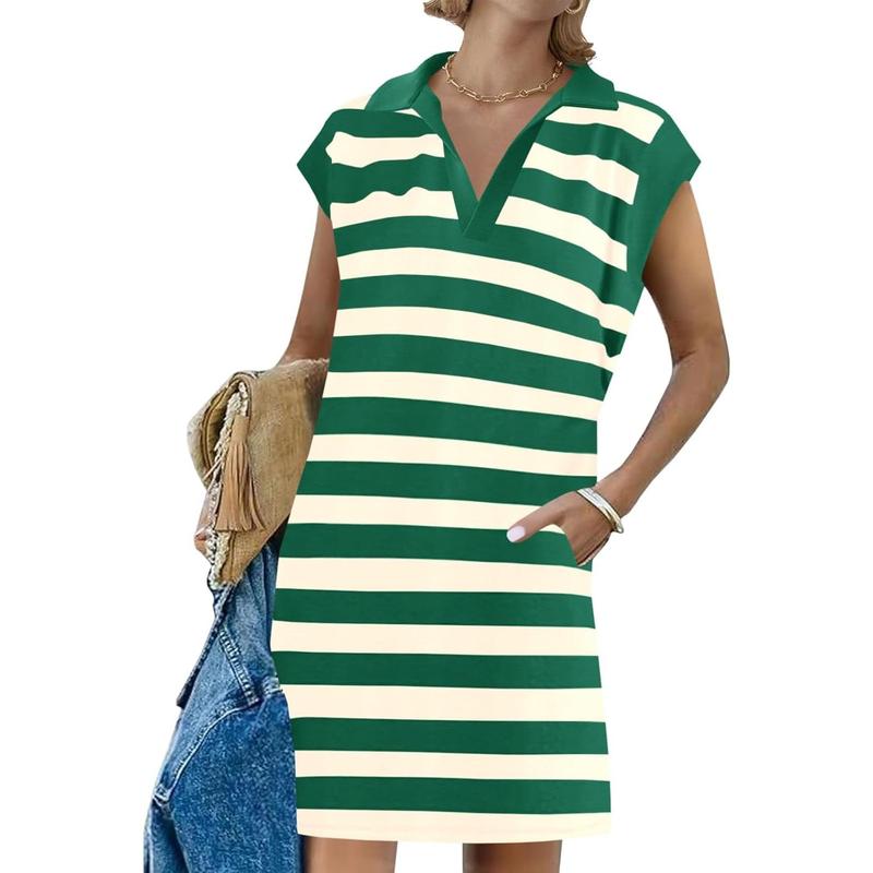 Women’s Striped Polo V-Neck Summer Dress – Sleeveless Loose Fit Midi T-Shirt Dress with Slit, Available in Long & Short Styles (Sizes S–5XL)