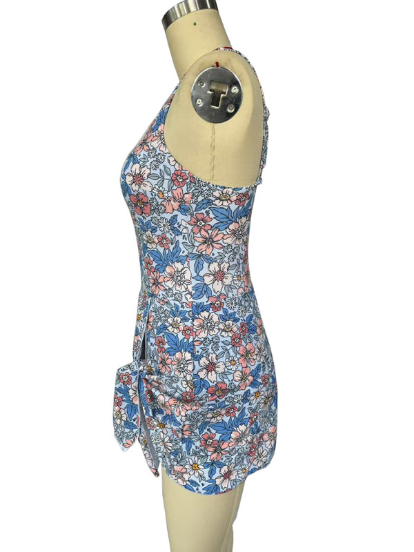 Sexy Slim Skirt Blue Floral Print One-Piece Swimsuit Bikini