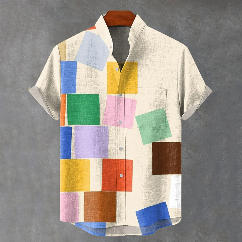 Vintage Geometric Color Blocking Pattern Art Vintage Print Casual Cotton Shirt