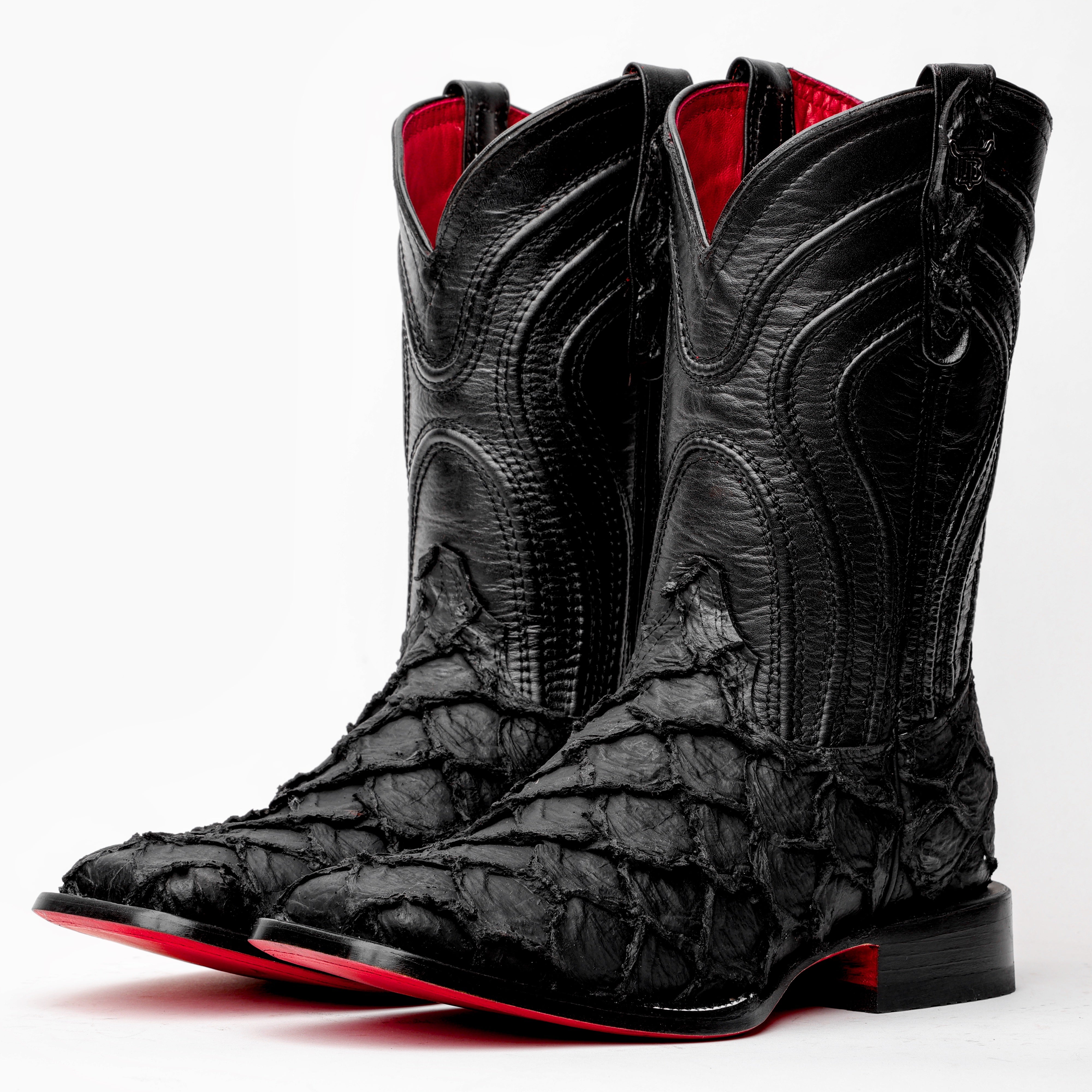 Matte Black Jumbo Pirarucu Leather Boots - Square Toe