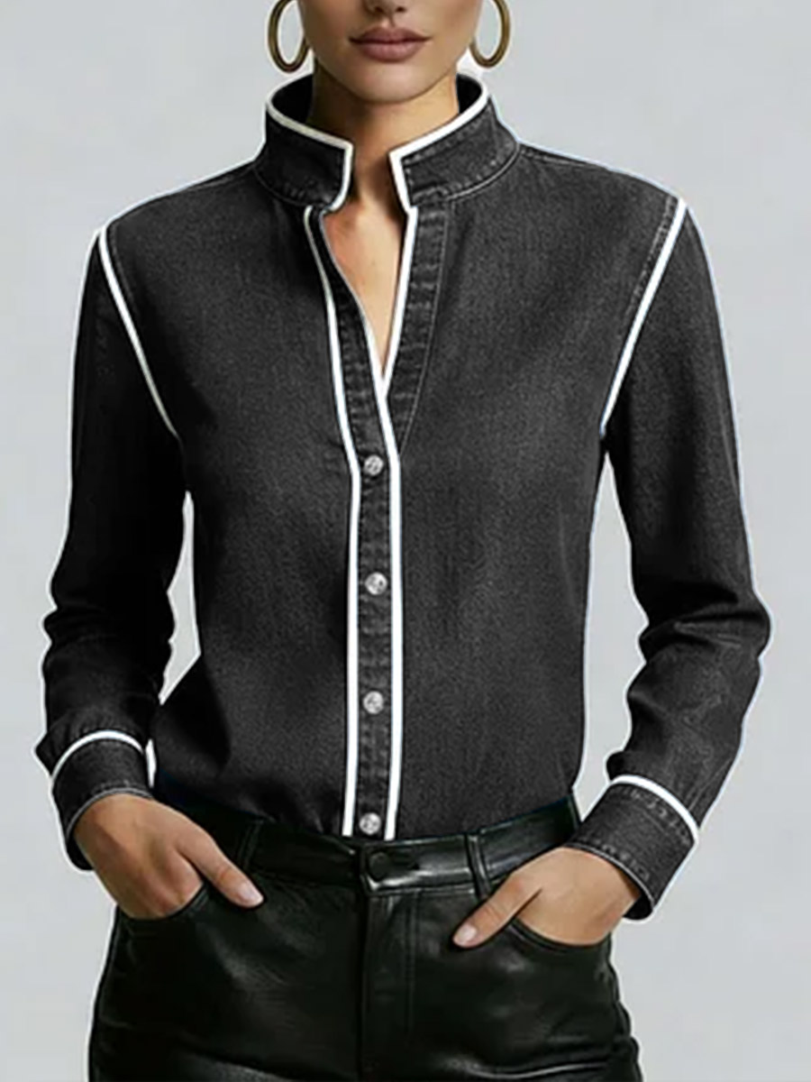 Women's Stand Collar Long Sleeve Casual Loose Denim Shirt