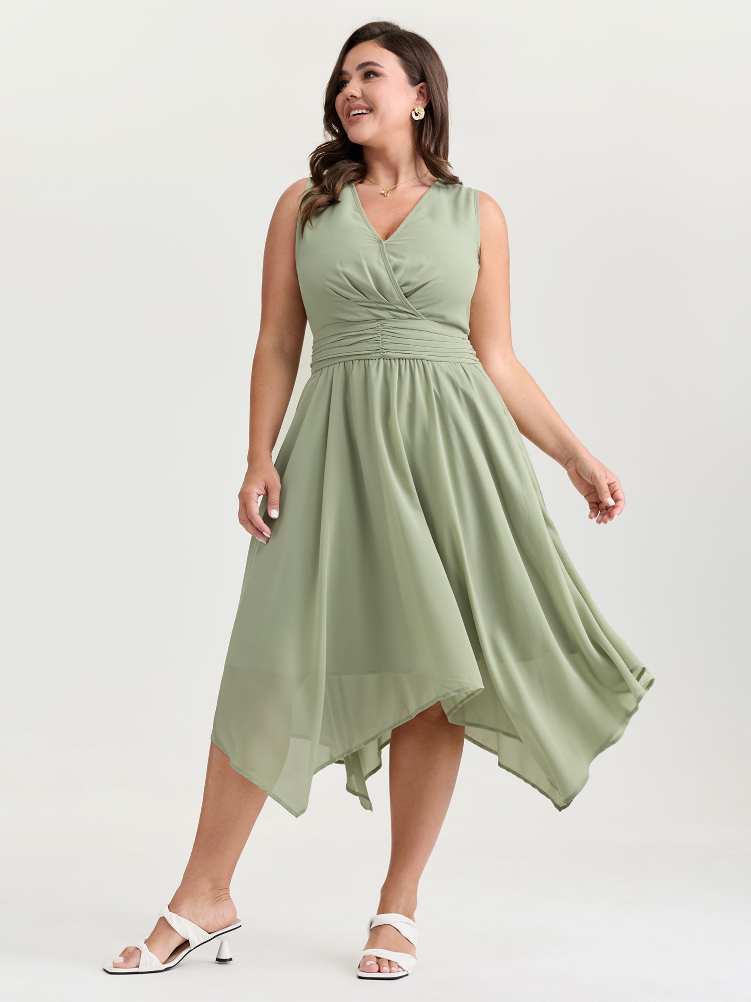 Pleated Waist Pockets High Low Hem Midi Dress