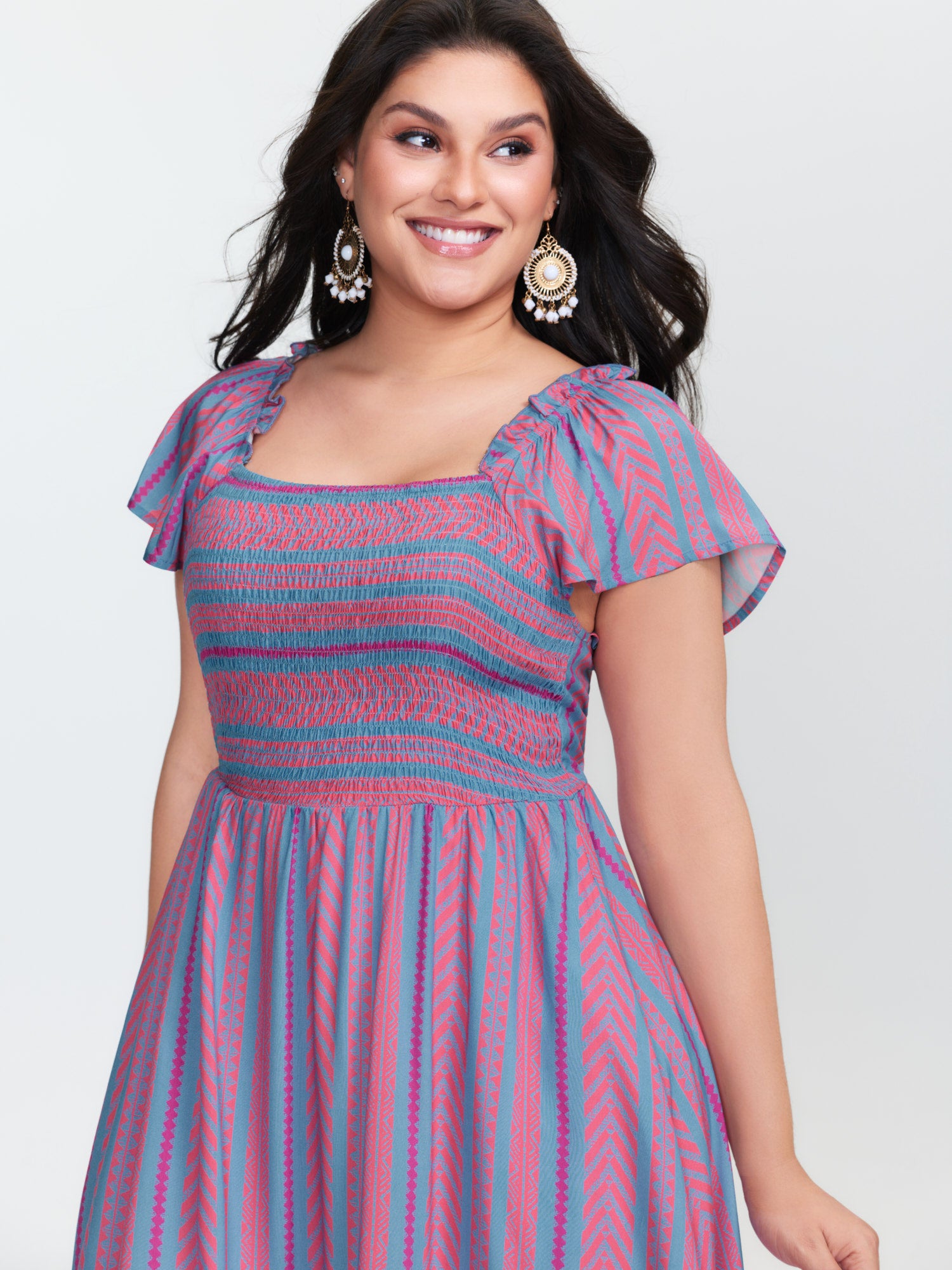 Colorful Stripes Shirred Bodice Ruffled Midi Dress