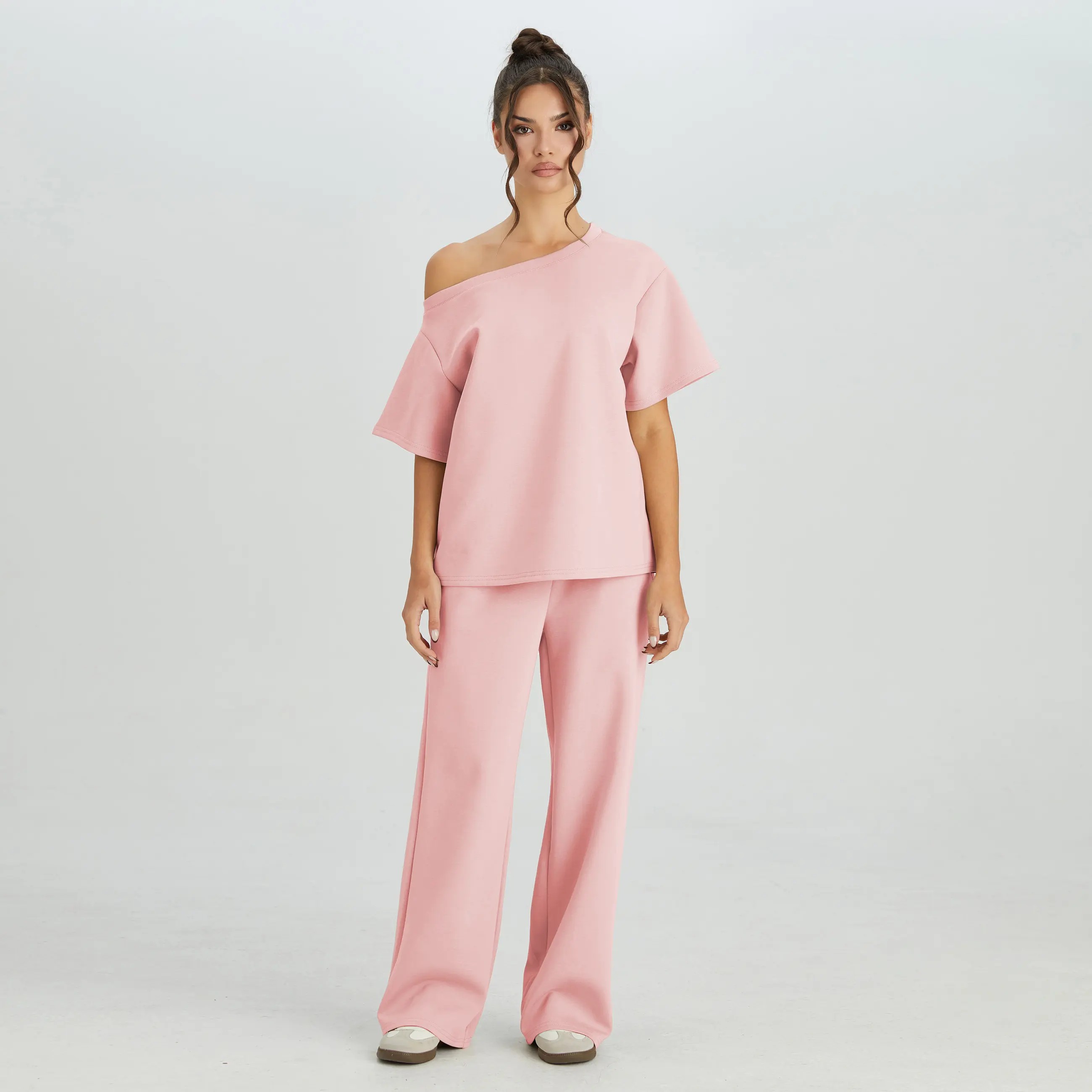 🔥Easter Sale!Women's Leisure Solid Color Sloping Shoulder Short Sleeve Top & Drawstring Waist Wide Leg Trousers Co-ord