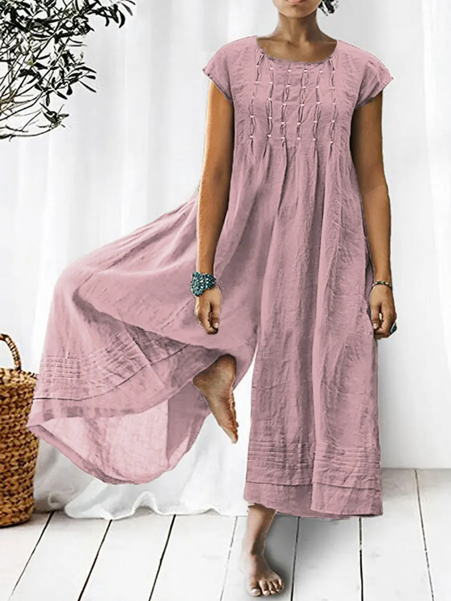 Women's Solid Color Art Casual Short Sleeve Cotton Linen Jumpsuit