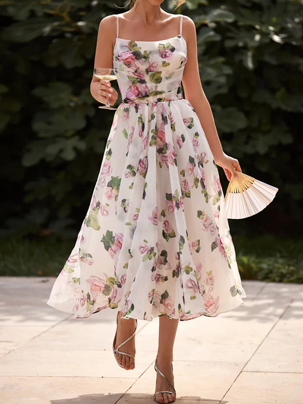 Flower Printed Ruffled Pleated Sleeveless Spaghetti-Neck Chiffon Midi Dresses