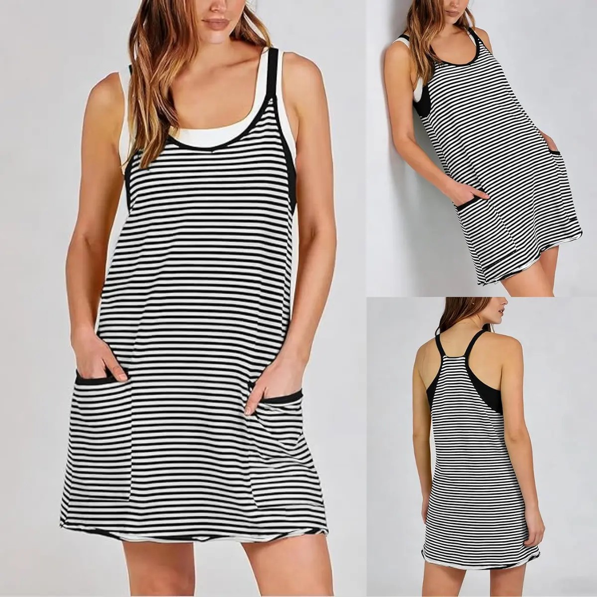 Women's Summer Athletic Mini Dress Sleeveless V Neck Built-in Shorts Striped Tennis Workout Vacation
