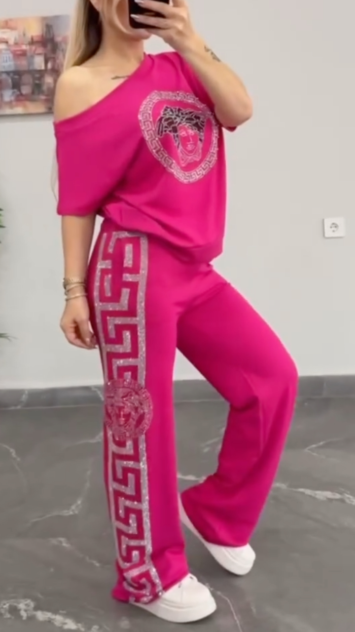 Women's Off-Shoulder Casual Rhinestone Set