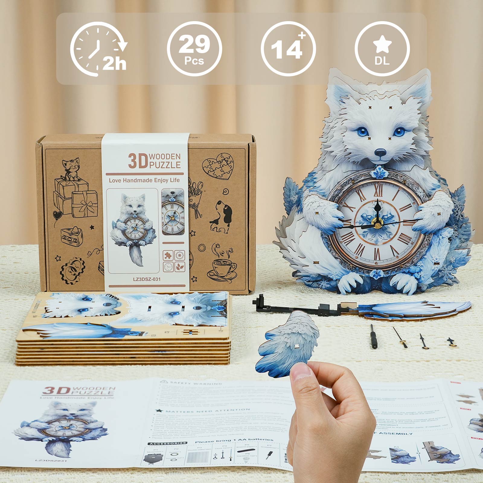 Arctic Foxâ€“ DIY Wooden Clock, 3D Puzzle Craft Kit