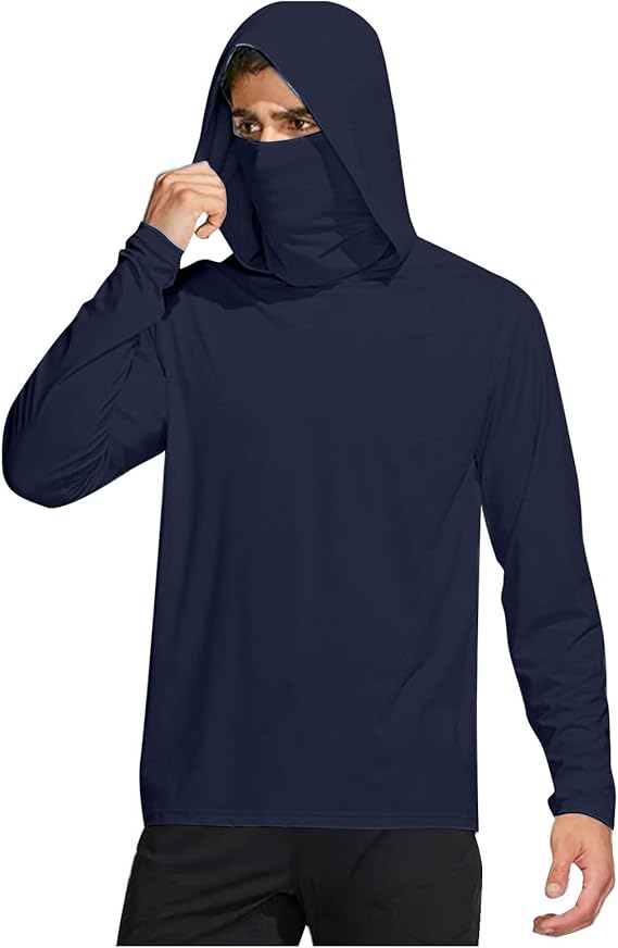 Long Sleeve Sun Shirt Men UPF 50+ Rash Guard Cooling Fishing Hoodies with Mask Casual Summer UV SPF Hiking Blouses
