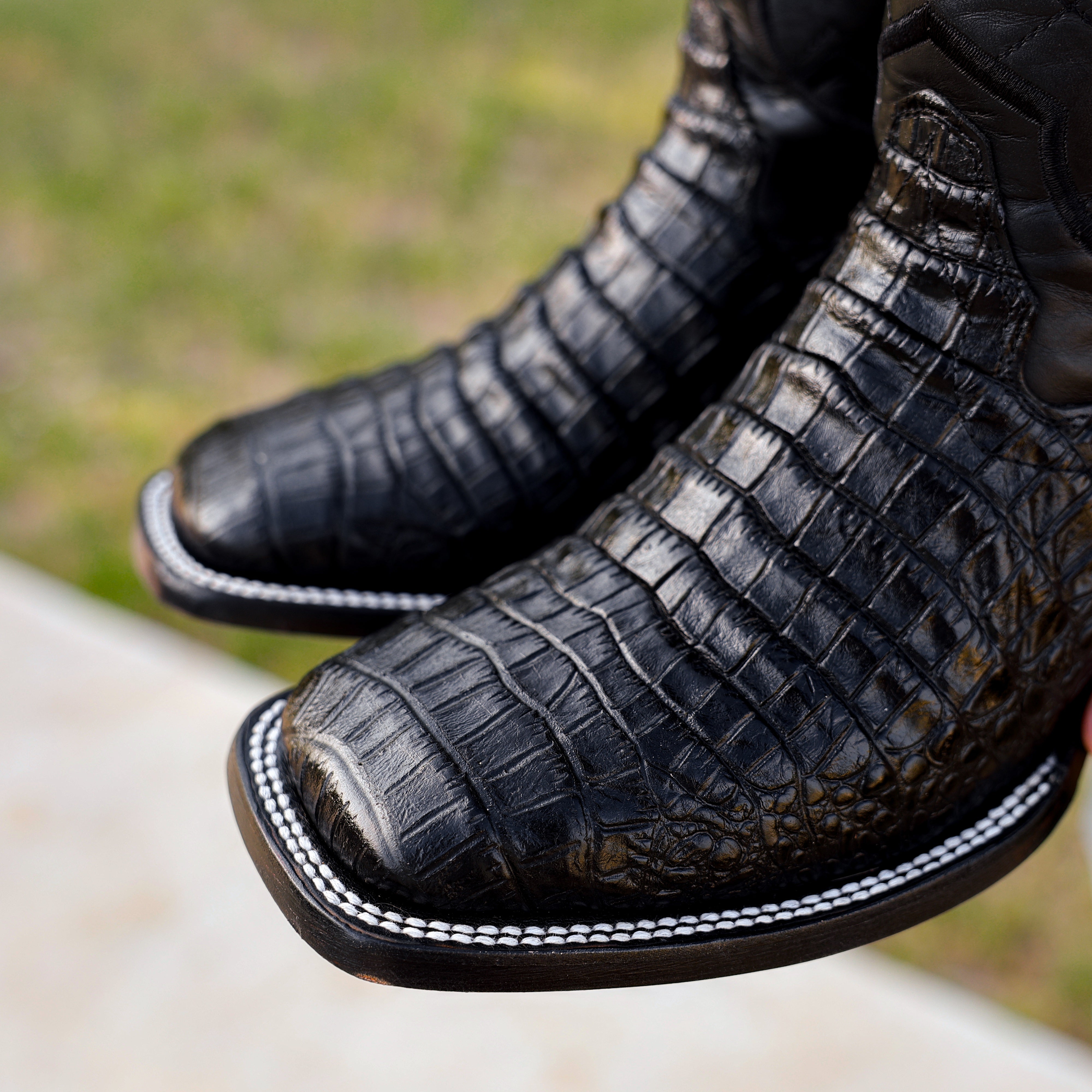 Black Caiman Belly Leather Boots - Square Toe