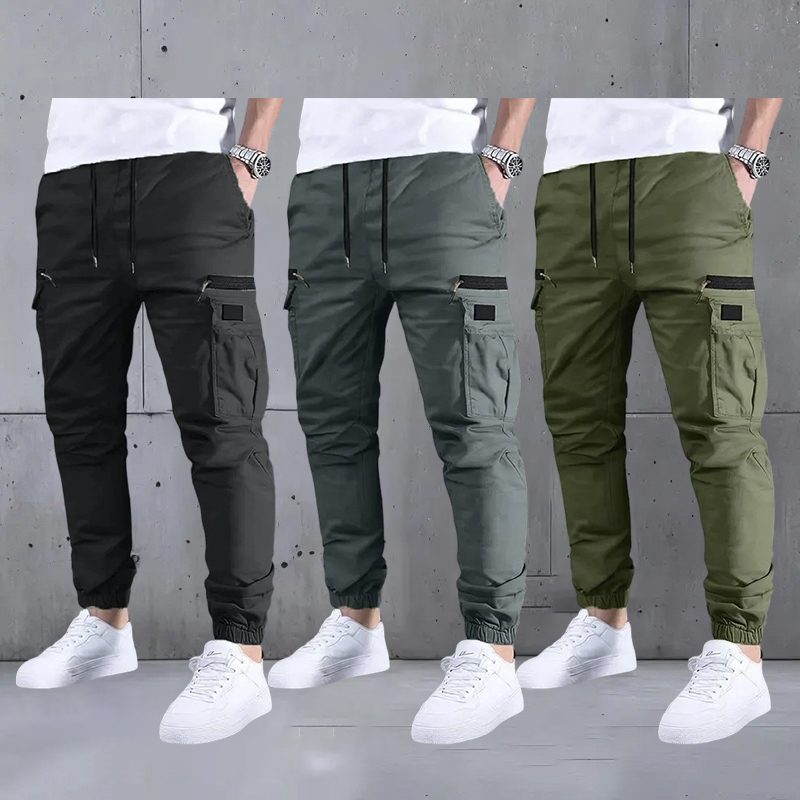 Men’s long cargo pants with a drawstring waist and multiple pockets