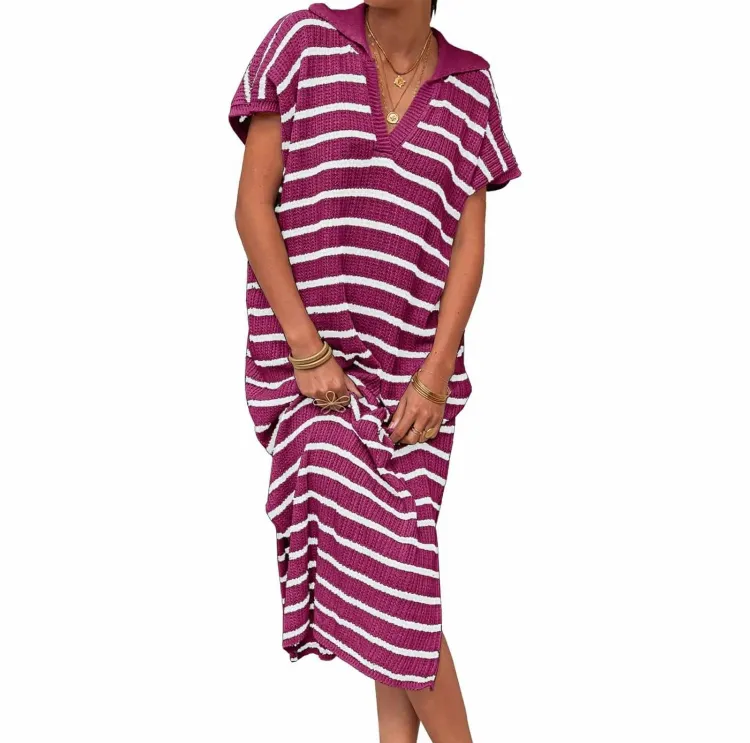 Women's Striped Summer Dress – V-Neck Short Sleeve Knit Collar Loose Maxi Dress with Slit