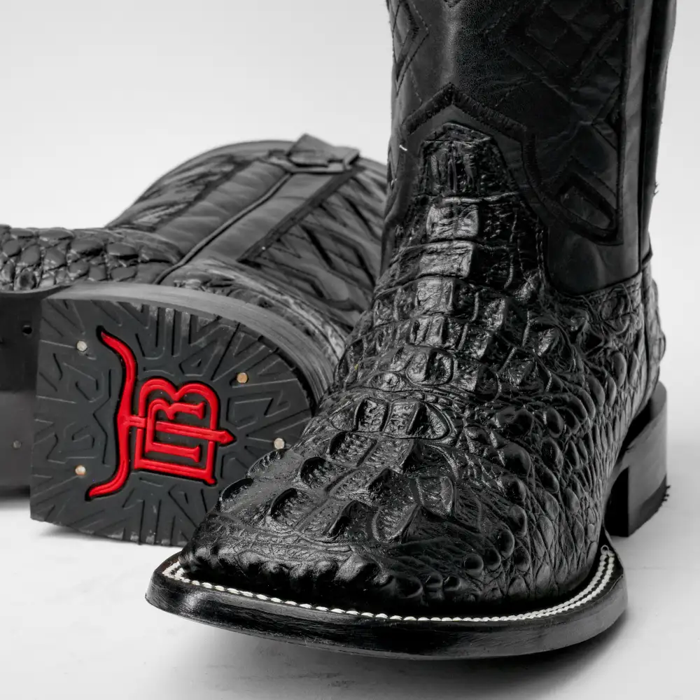 Black Caiman Neck Leather Boots - Square Toe