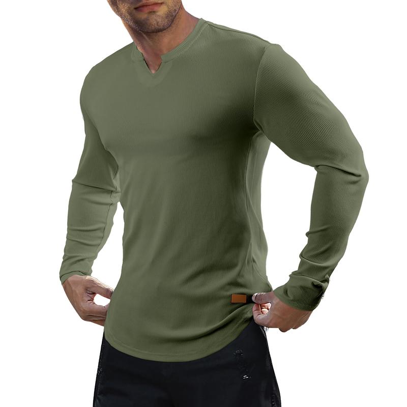 Men’s Slim Fit Ribbed V-Neck Long Sleeve Muscle T-Shirt