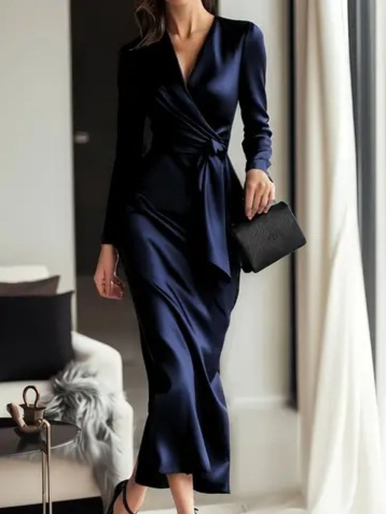Satin Tie Waist Long Sleeve Dress