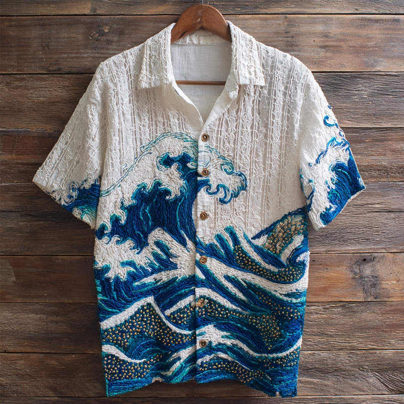 Vintage Ocean Waves Embroidered Comfy Linen Shirt