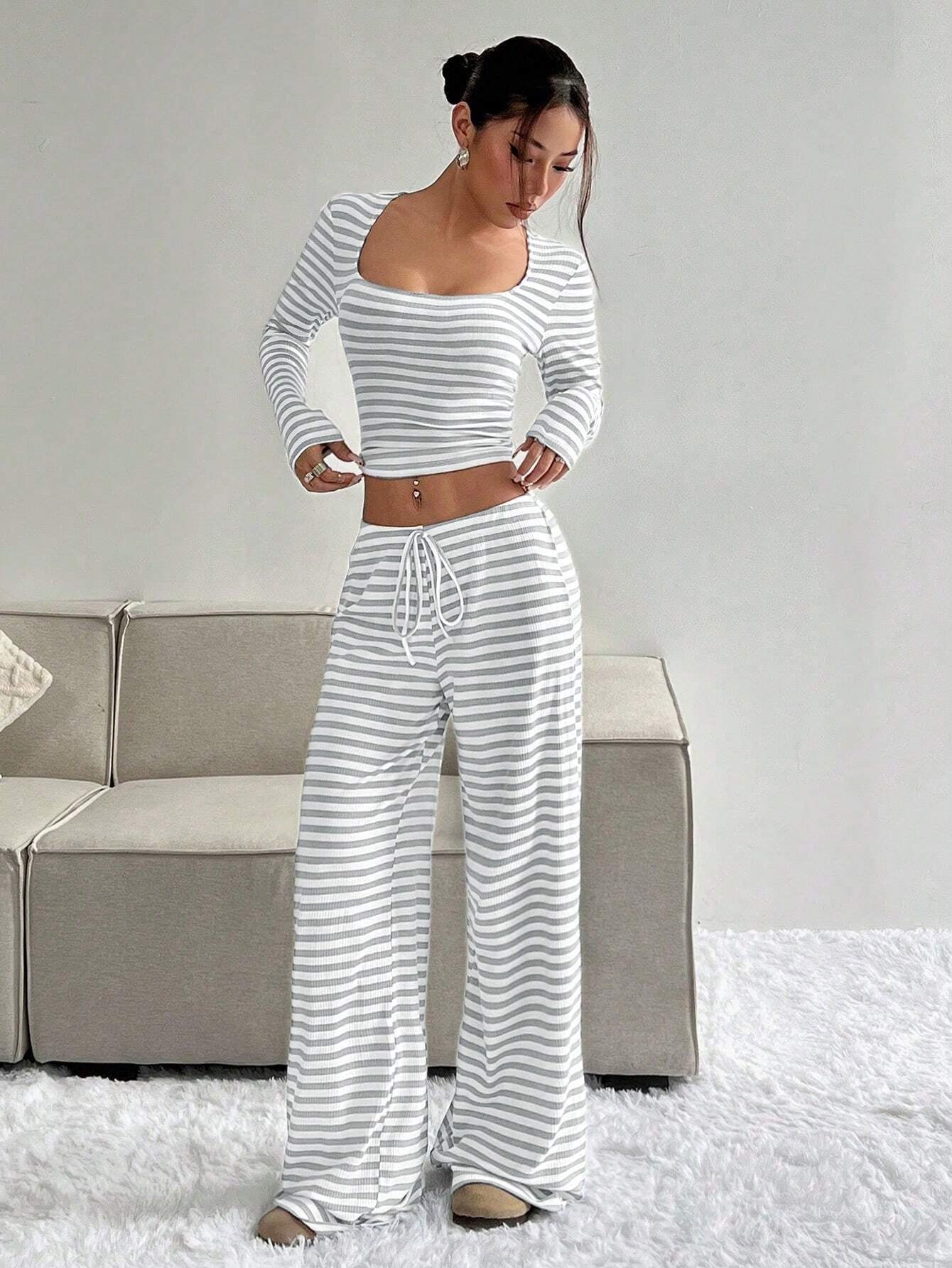 Women's Slouchy Square Neck Stripe Long Sleeve Crop Top & Low-Rise Wide Leg Trousers Co-ord, Minimalist Two Piece Outfits, Cozy Womenswear