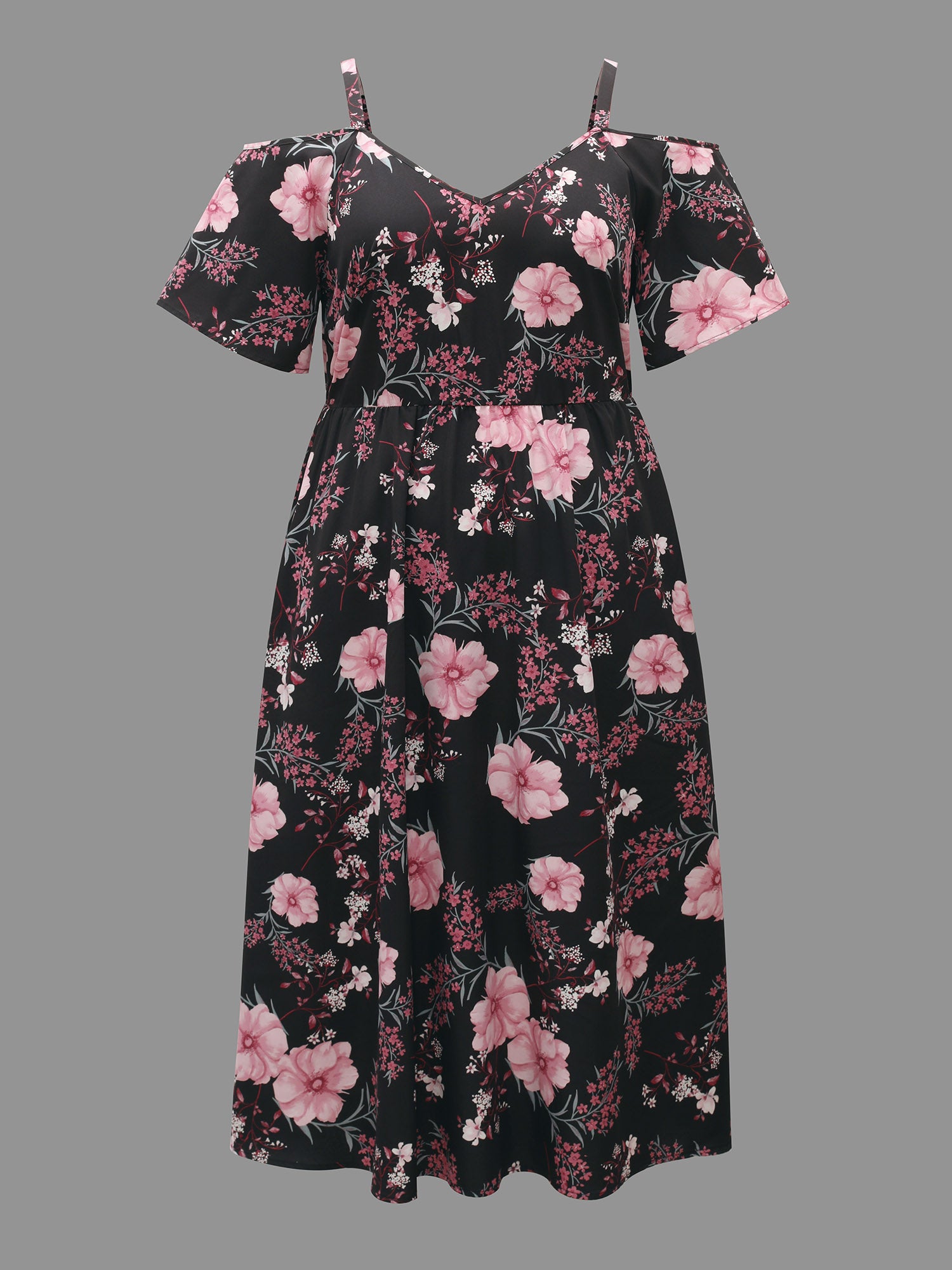 Floral Print Cold-Shoulder Pockets Midi Dress