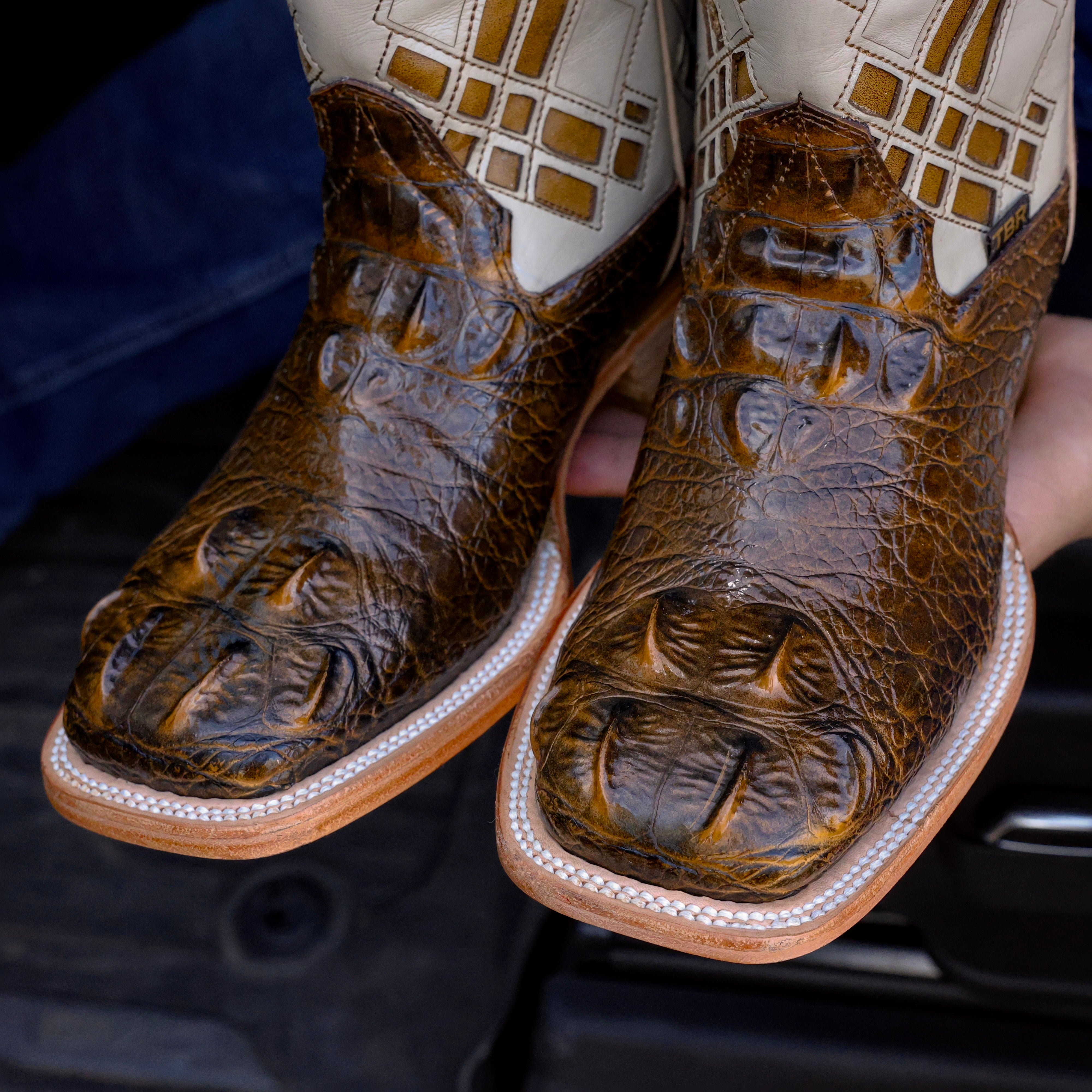 Honey Caiman Neck Leather Boots - Square Toe