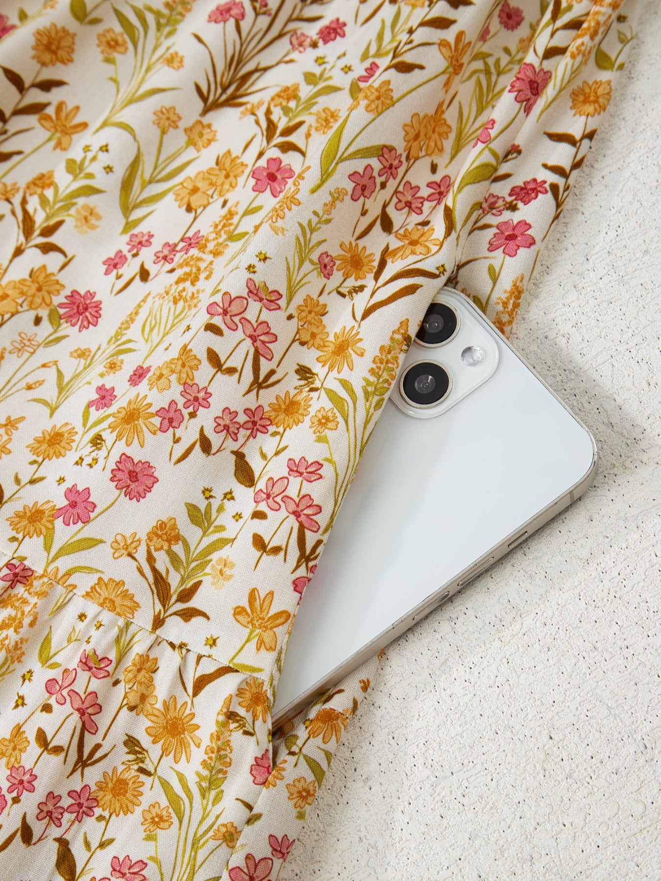 Floral Print Frilly Trim Smocked Cuff Long Sleeve Loose Shirt Dress