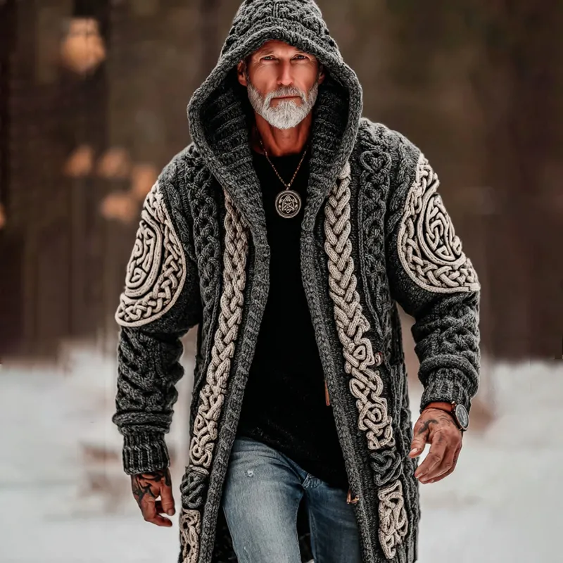 Men's Viking Celtic Knot Geometry Mid-length Cardigan Sweater