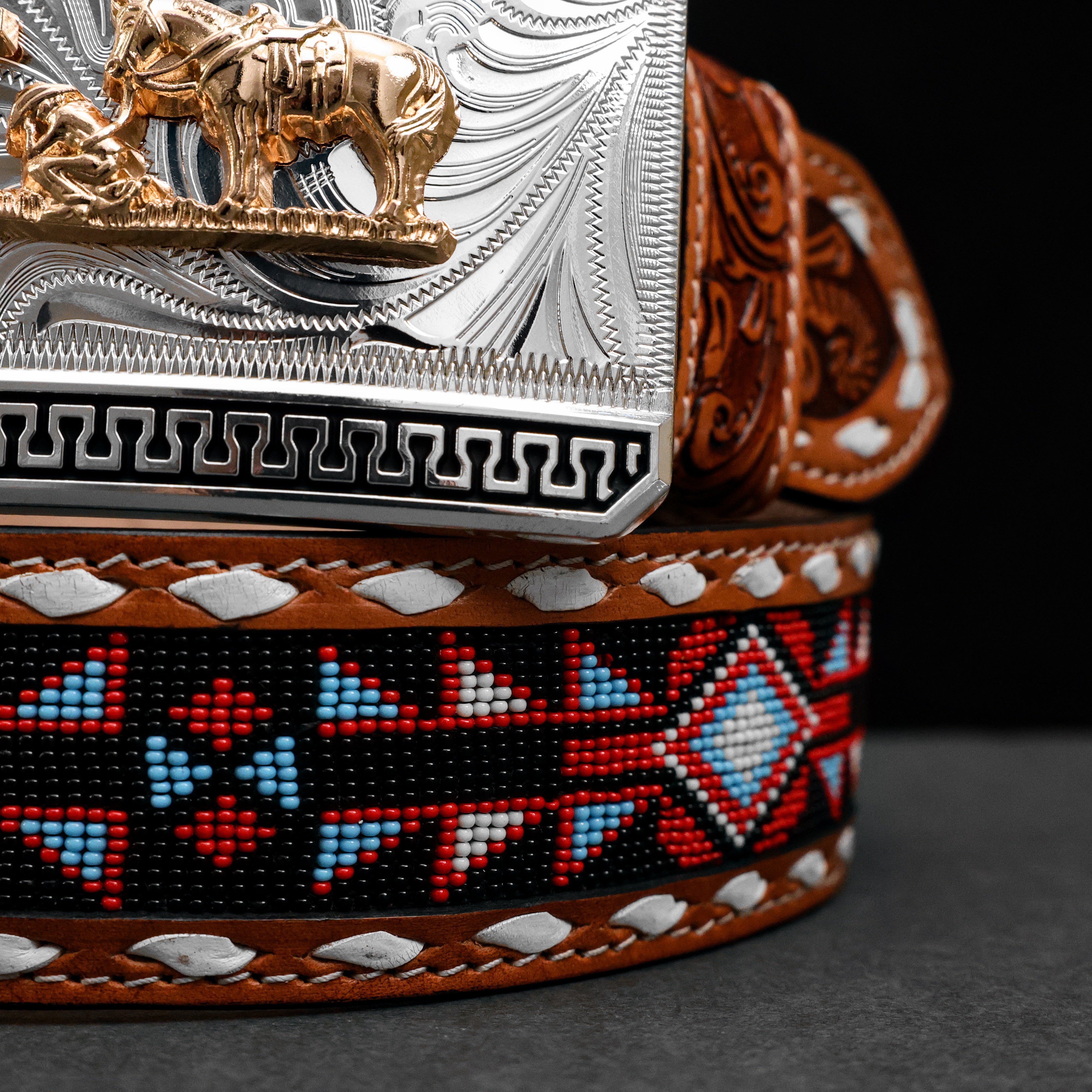 2 Inch Hand-Tooled Artesanal Beaded Leather Belt