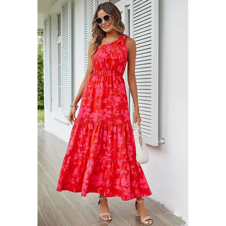 PrettyGarden Boho Chic Floral Maxi Dress - One Shoulder, Ruffle, Sleeveless, Flowing Summer Beach Wedding Guest Dress- Womenswear