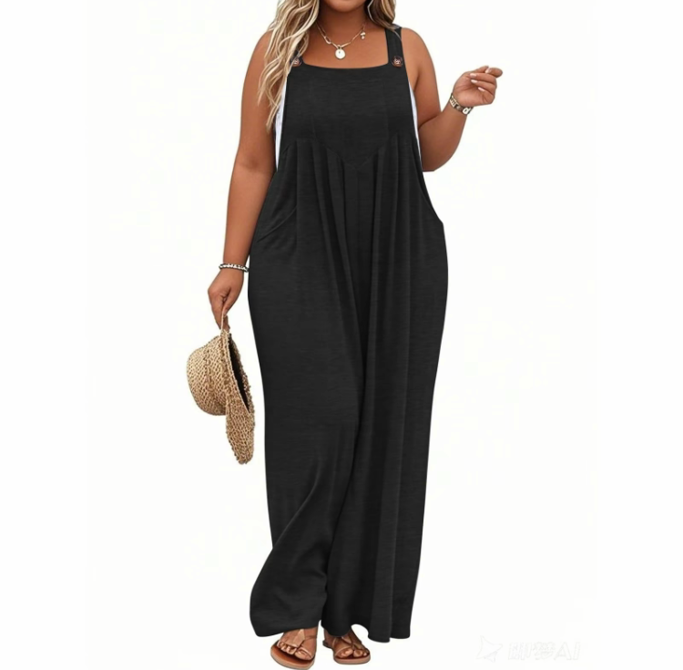 2025 Plus Size Wide Leg Jumpsuit – Loose Summer Romper with Pockets