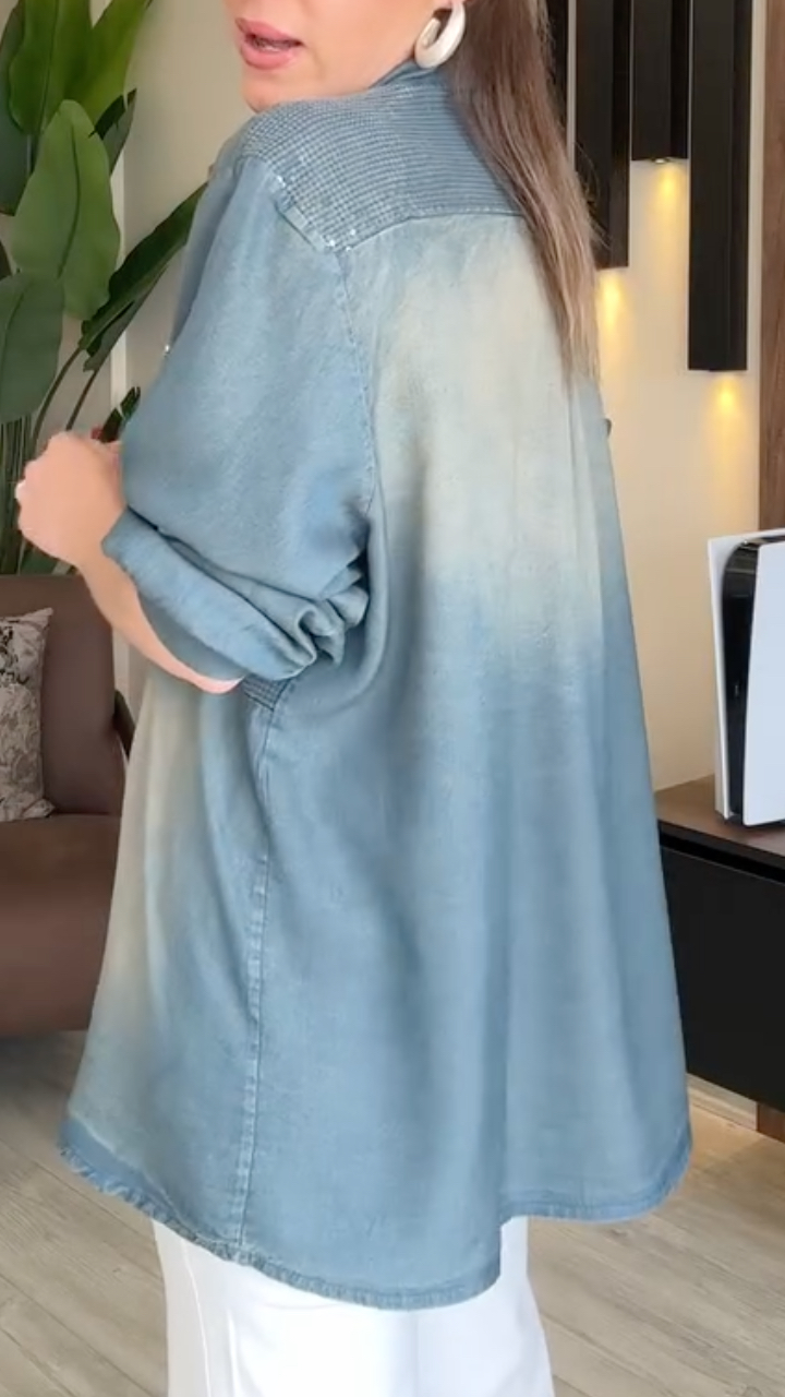 Women Collar Sequined Patchwork Tencel Denim Shirt