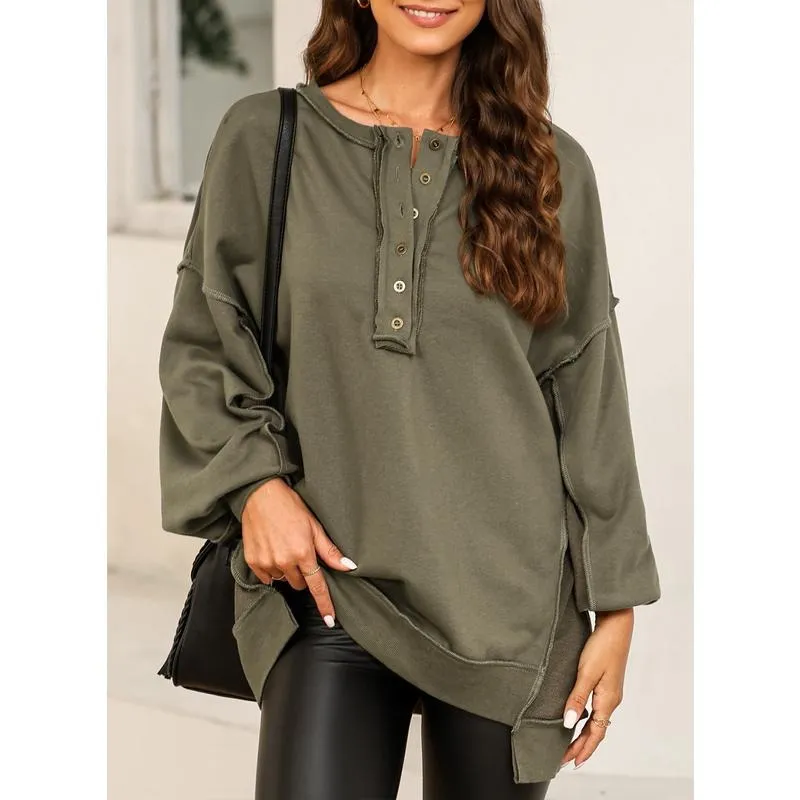 Women's Oversized Button Henley Sweatshirts