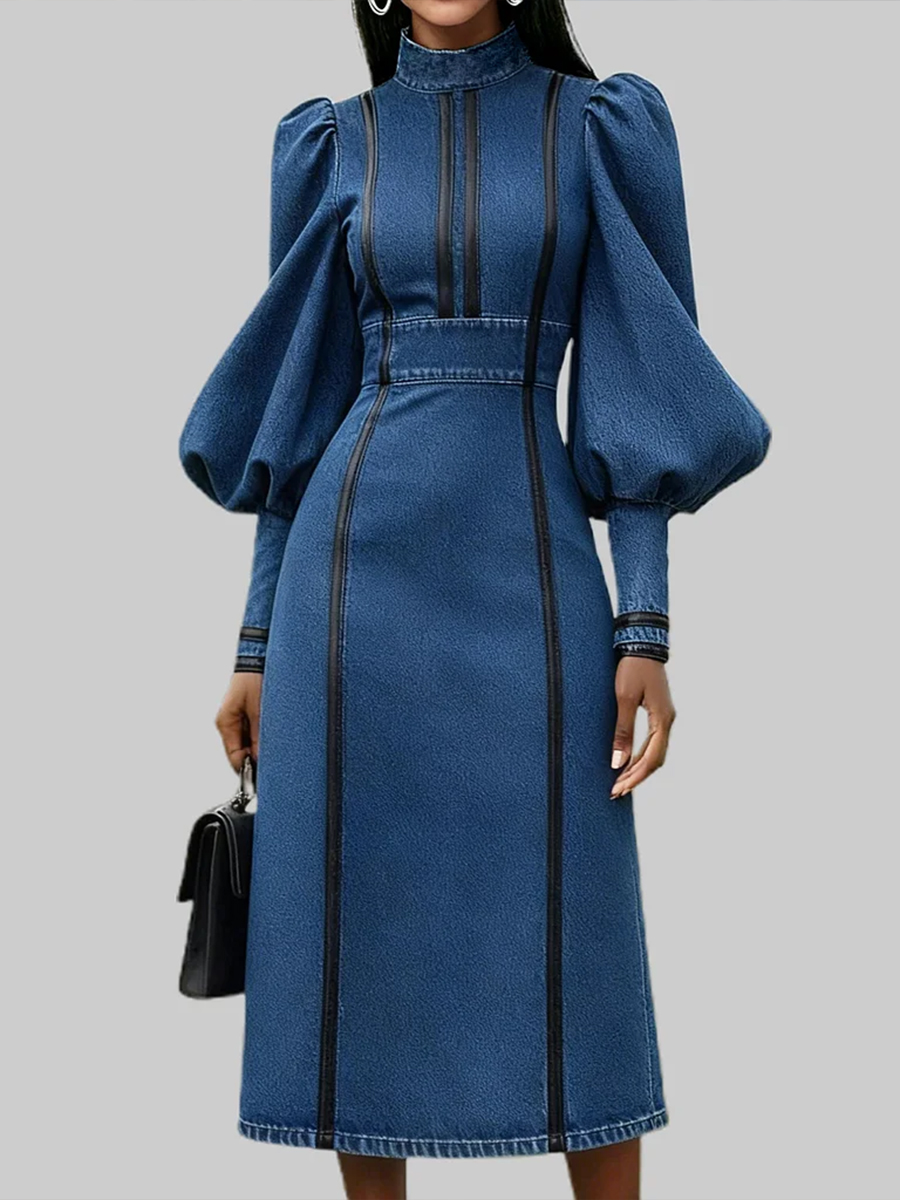 Fashionable Patchwork Leather Lantern Sleeve Denim Dress