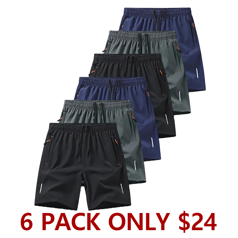 6-Piece Men’s Ice Silk Quick-Dry Shorts, Zipper Pockets, Reflective Strip, Plus Size, for Sports & Casual